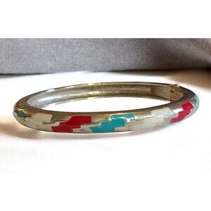 Vintage Silver Tone Hinged Enamel Bracelet Aztec Pattern